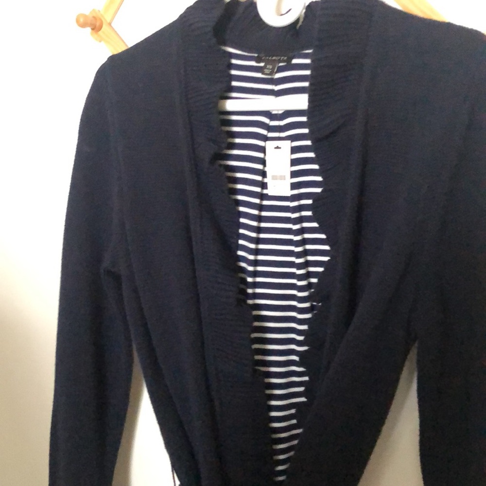 SOLD Talbots Long Navy Ruffle Tie Sweater NWT - Picture 2 of 4